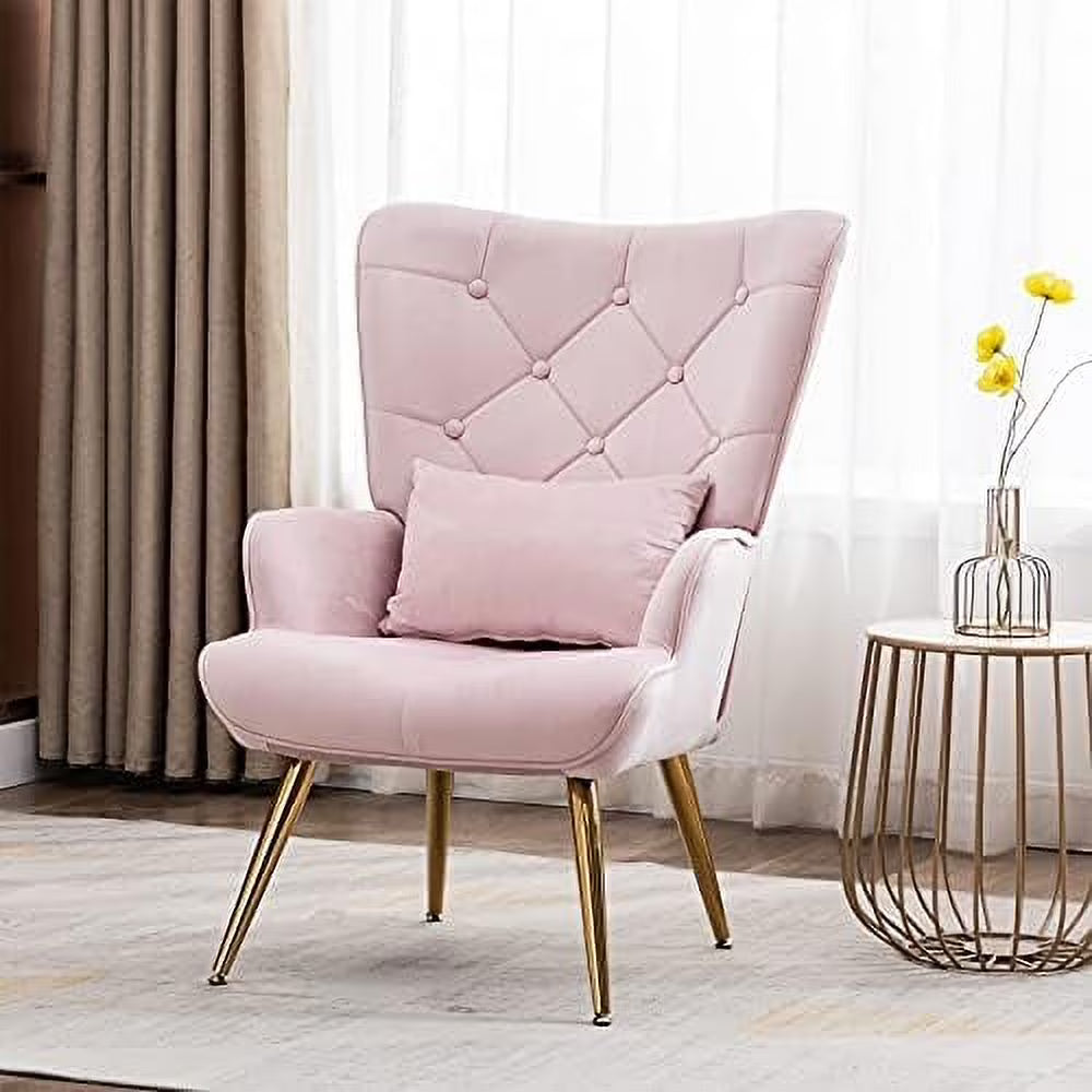Velvet Buttoned Accent Arm Lounge Chair with Golden Plated Metal Legs & Pillow High Wingback Chair T9082