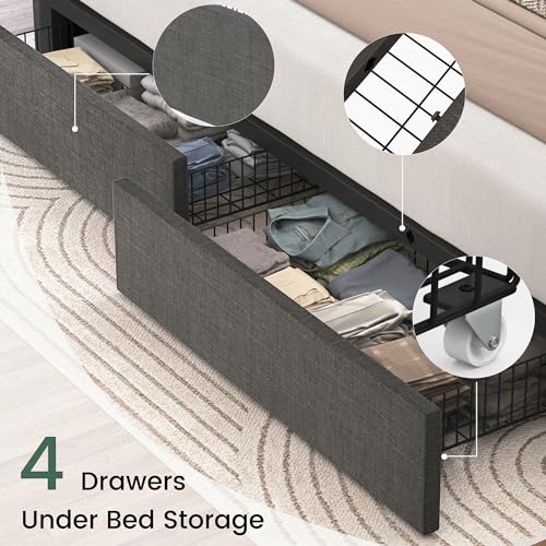 King Size Linen Upholstered Platform Bed Frame with 4 Storage Drawers and Wingback Headboard Q678