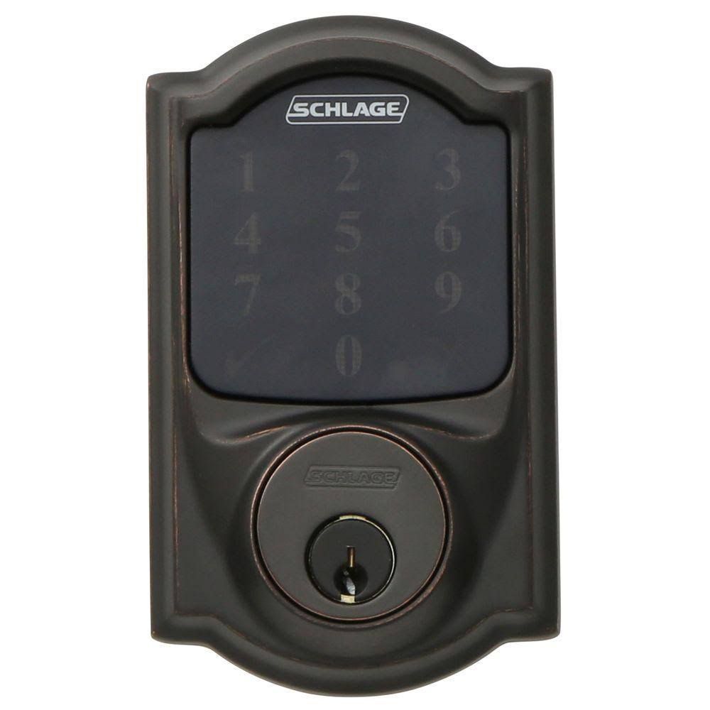 Aged Bronze Touchscreen Deadbolt with Alarm and Handleset with Interior Lever J292