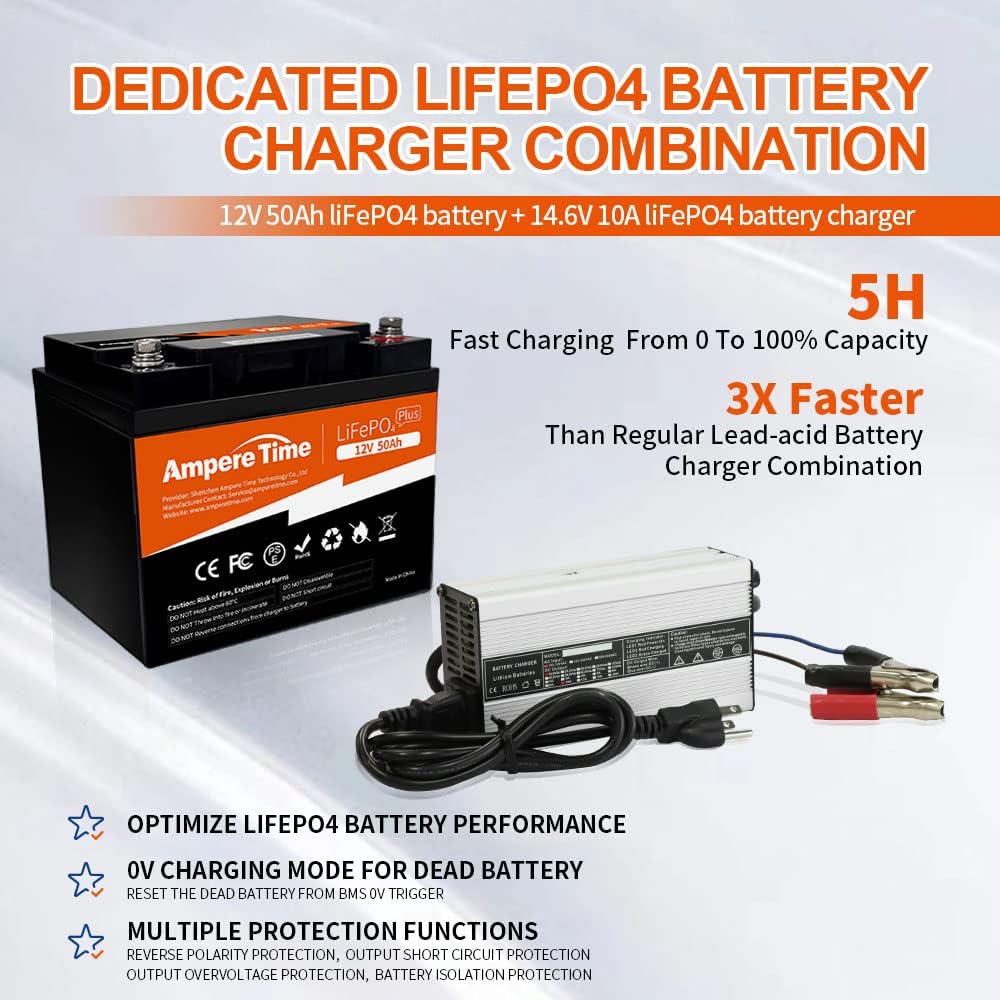 12V 50Ah LiFePO4 Battery with 14.6V 10A Lithium Battery Charger, 50A BMS P65256