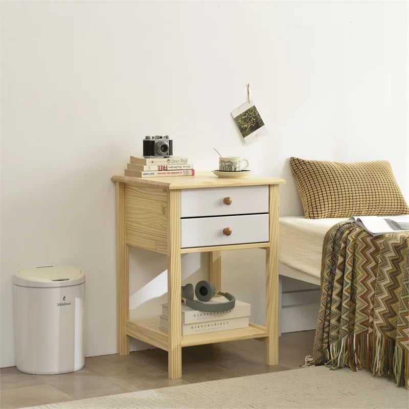 Solid Pine Wood 2 Drawer Nightstand Set of 2 J6514