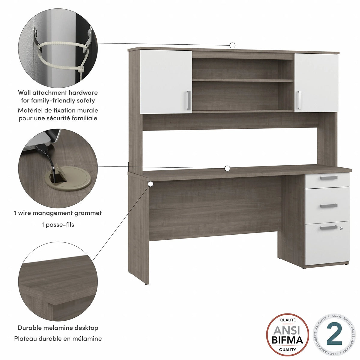 Silver Maple White Engineered Wood Computer Desk with Hutch W9893