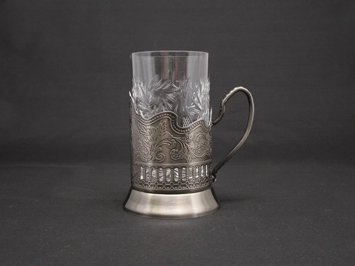 Russian Crystal Hot Tea Glass 8.5 Oz & Metal Glass Holder Z806609