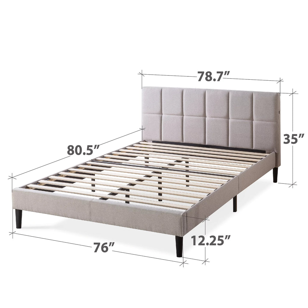 Grey Queen Upholstered Platform Bed Frame with USB Ports I983