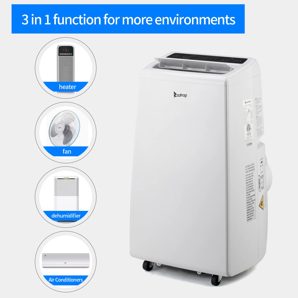 13000BTU Portable Air Conditioner Cooling Heating Dehumidification Fan W7536