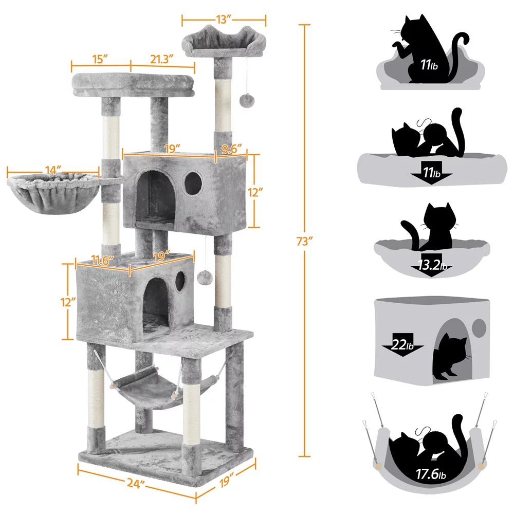 73''H Multilevel Cat Tree with 2 Condos & Scratching Posts U6460