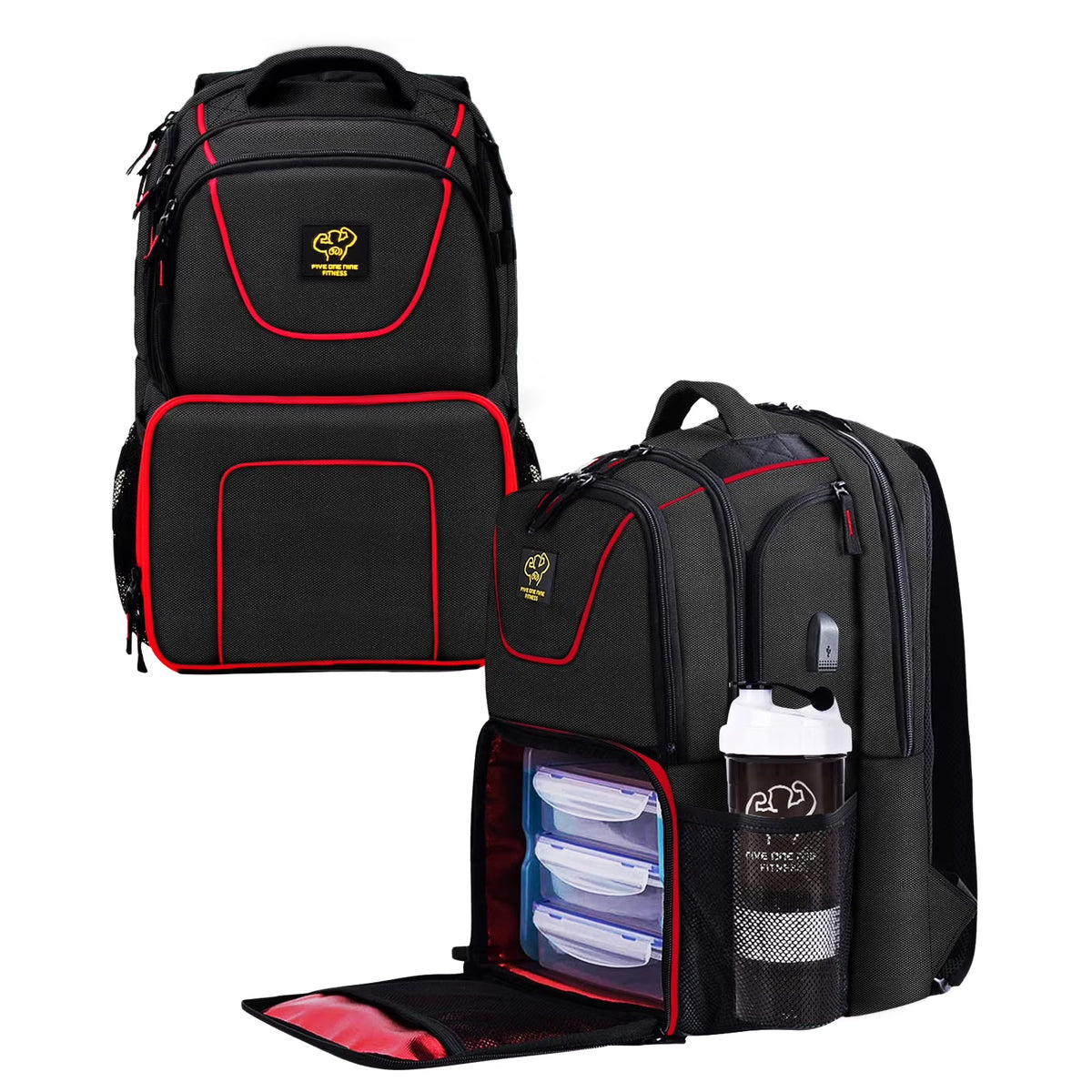 Insulated Meal Prep Backpack with 3 Meal Containers, 2 Ice Packs and Protein Shaker, Black M5234