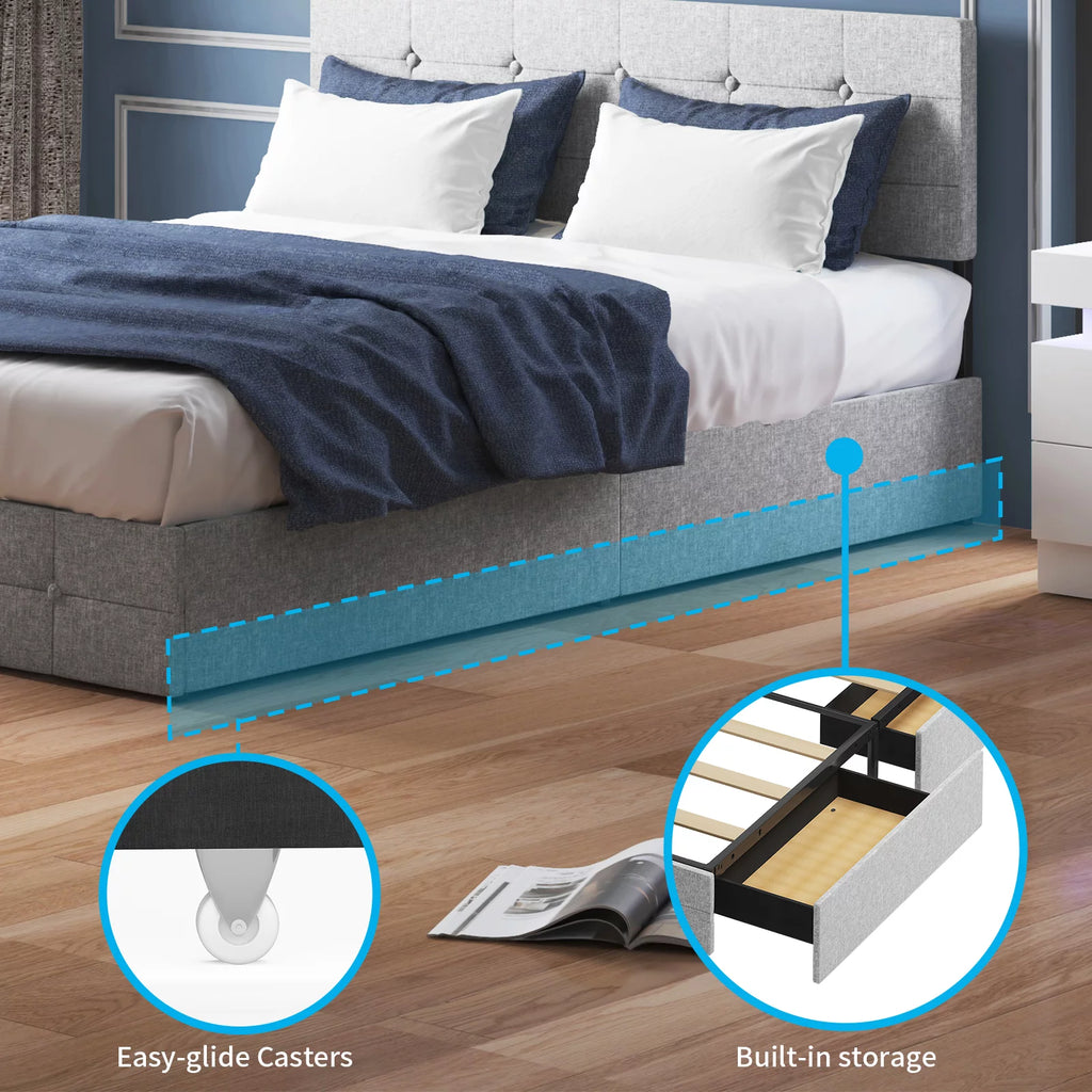 Black Linen Fabric Full Storage Bed Frame with Upholstered Headboard C471