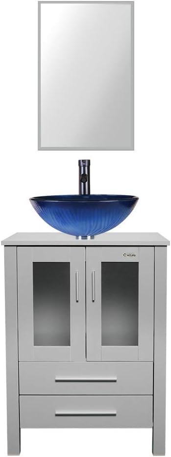 24" Grey Bathroom Vanity Sink Combo with White Rectangle Ceramic Vessel Sink, Chrome Faucet, Pop Up Drain S13037