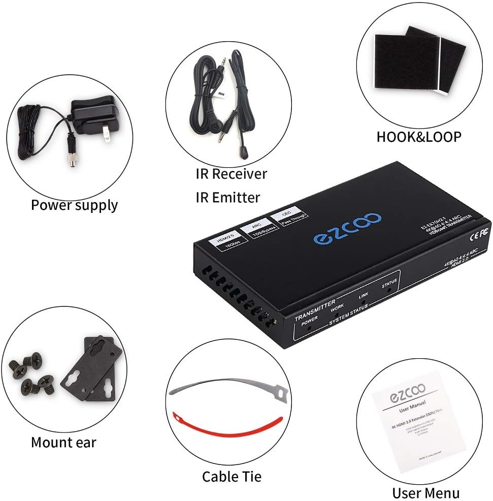 HDBaseT HDMI ARC Extender 4K 60Hz HDR10 18Gbps Cat5e Cat6 SPDIF Toslink PoE IR CEC 230ft 1080P 130ft 4K HDMI2.0 HDCP2.2 DTS:X 4K Down-Scale Slim Case A59823