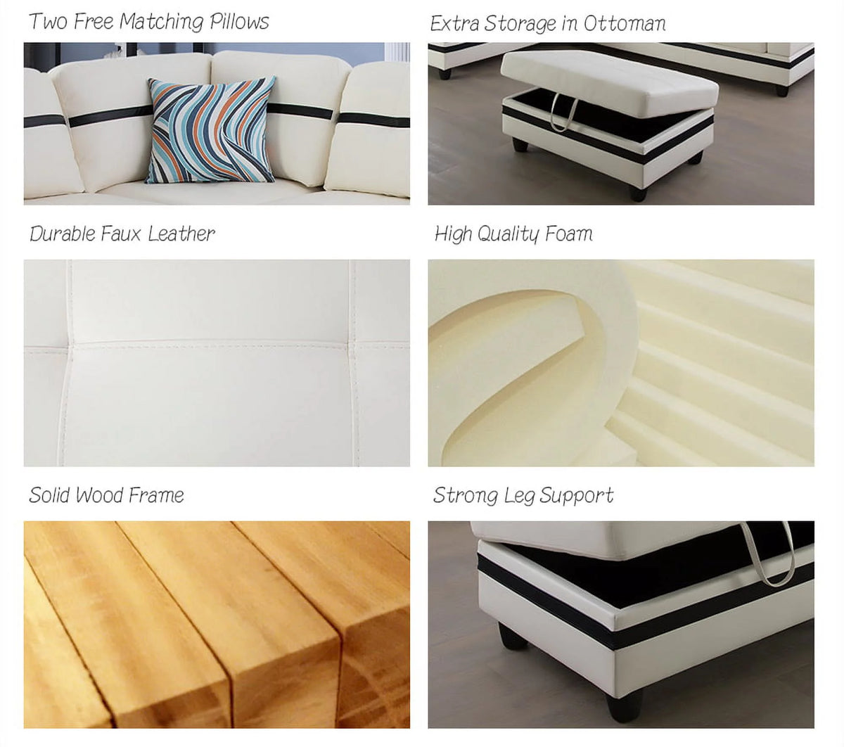 White Faux Leather Left Hand Facing Sofa & Chaise with Ottoman I3751