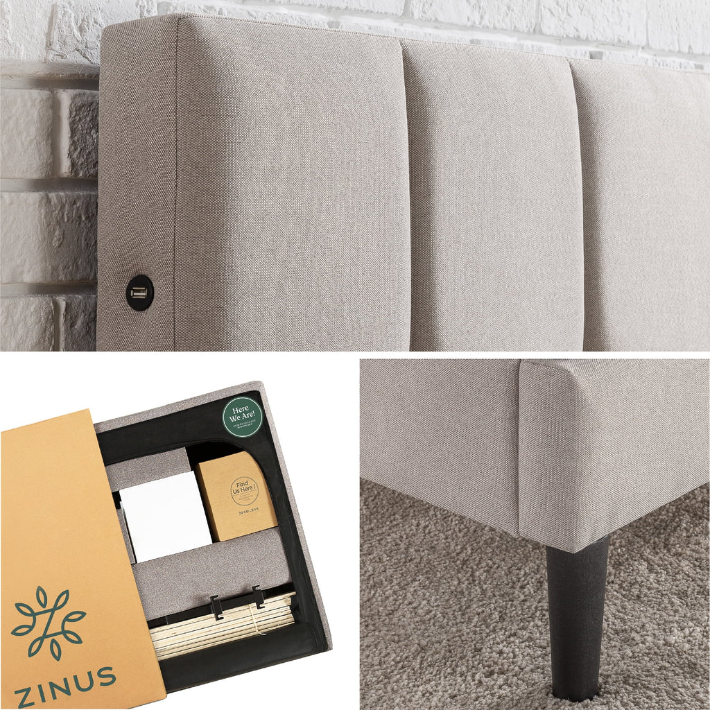 Grey Queen Upholstered Platform Bed Frame with USB Ports I983