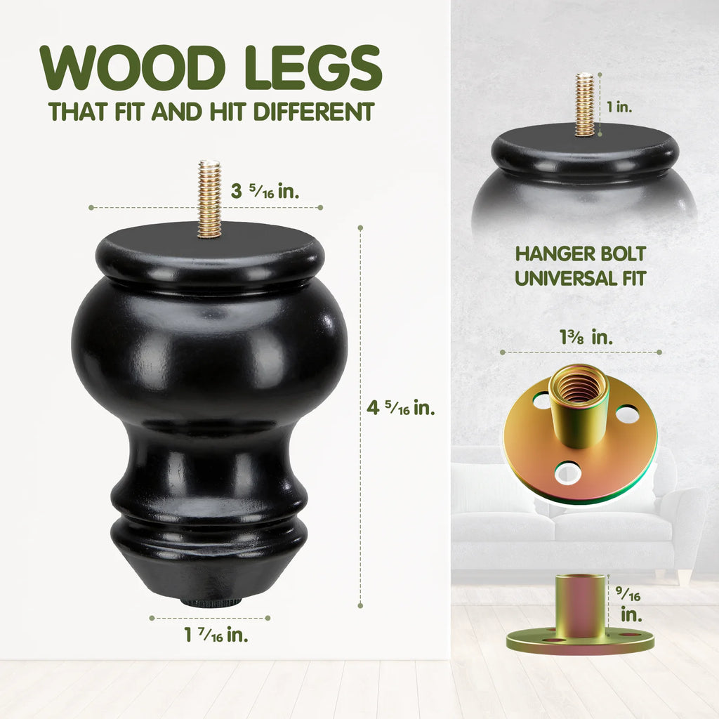 4 Inches Turned Concave Solid Wood Furniture Legs with Adjustable Leveler J42199