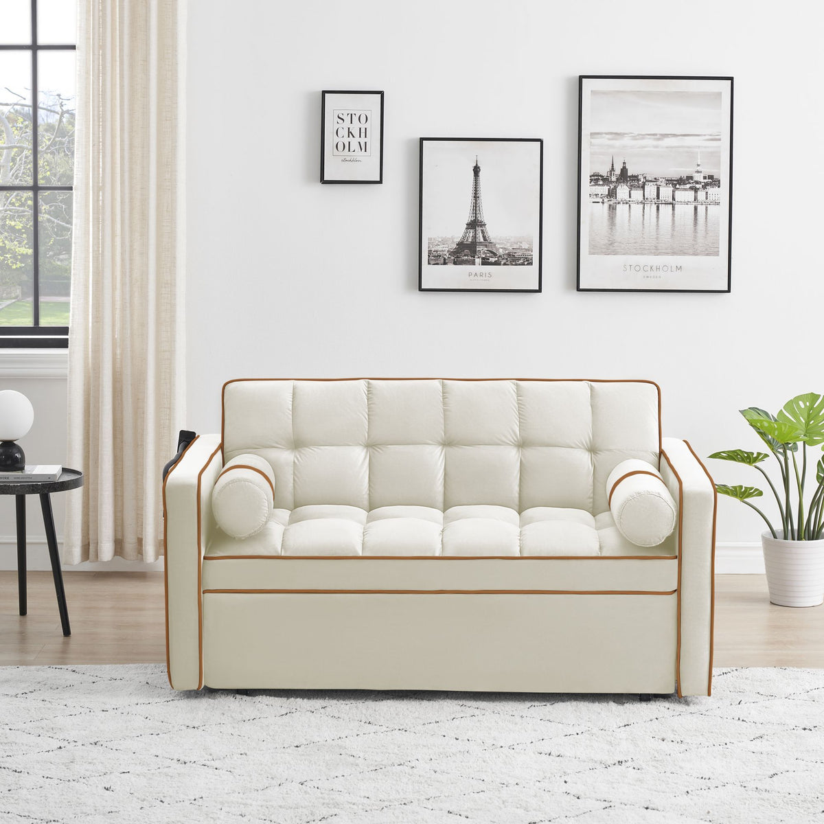 White 3 in 1 Sofa Bed Loveseat Sleeper with Two Pillows T70112