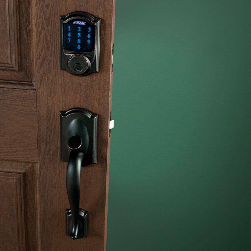 Aged Bronze Touchscreen Deadbolt with Alarm and Handleset with Interior Lever J292