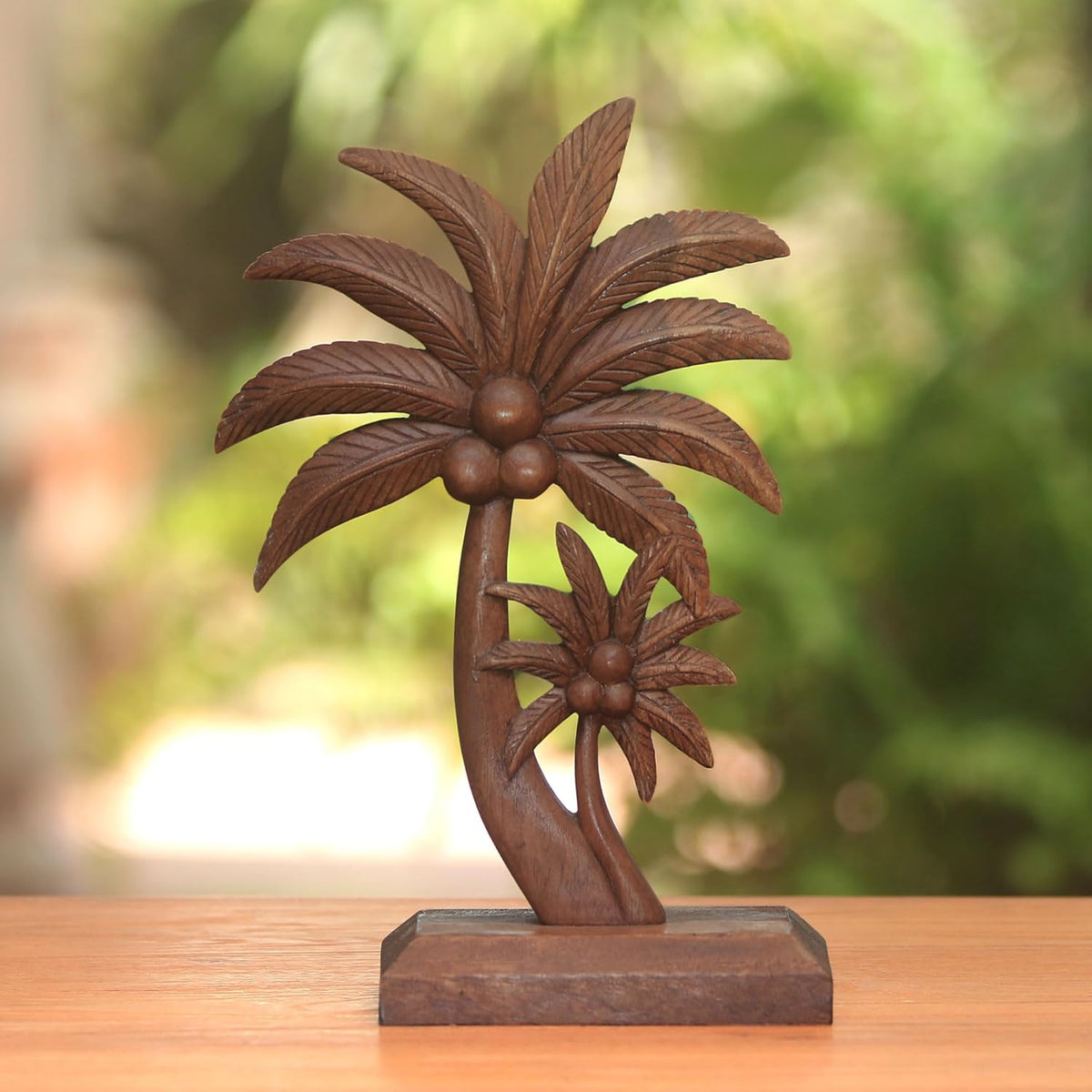 Handcarved Wood Statuette Coconut Tree Brown Sculpture 12.5in H x 6in W x 3.5in D U321