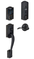 Aged Bronze Touchscreen Deadbolt with Alarm and Handleset with Interior Lever J292