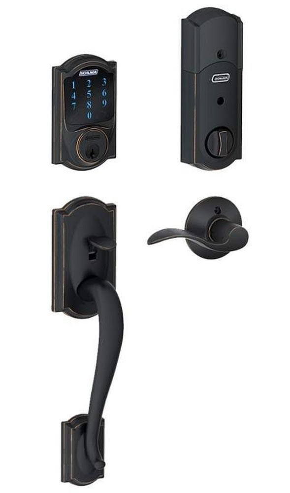 Aged Bronze Touchscreen Deadbolt with Alarm and Handleset with Interior Lever J292