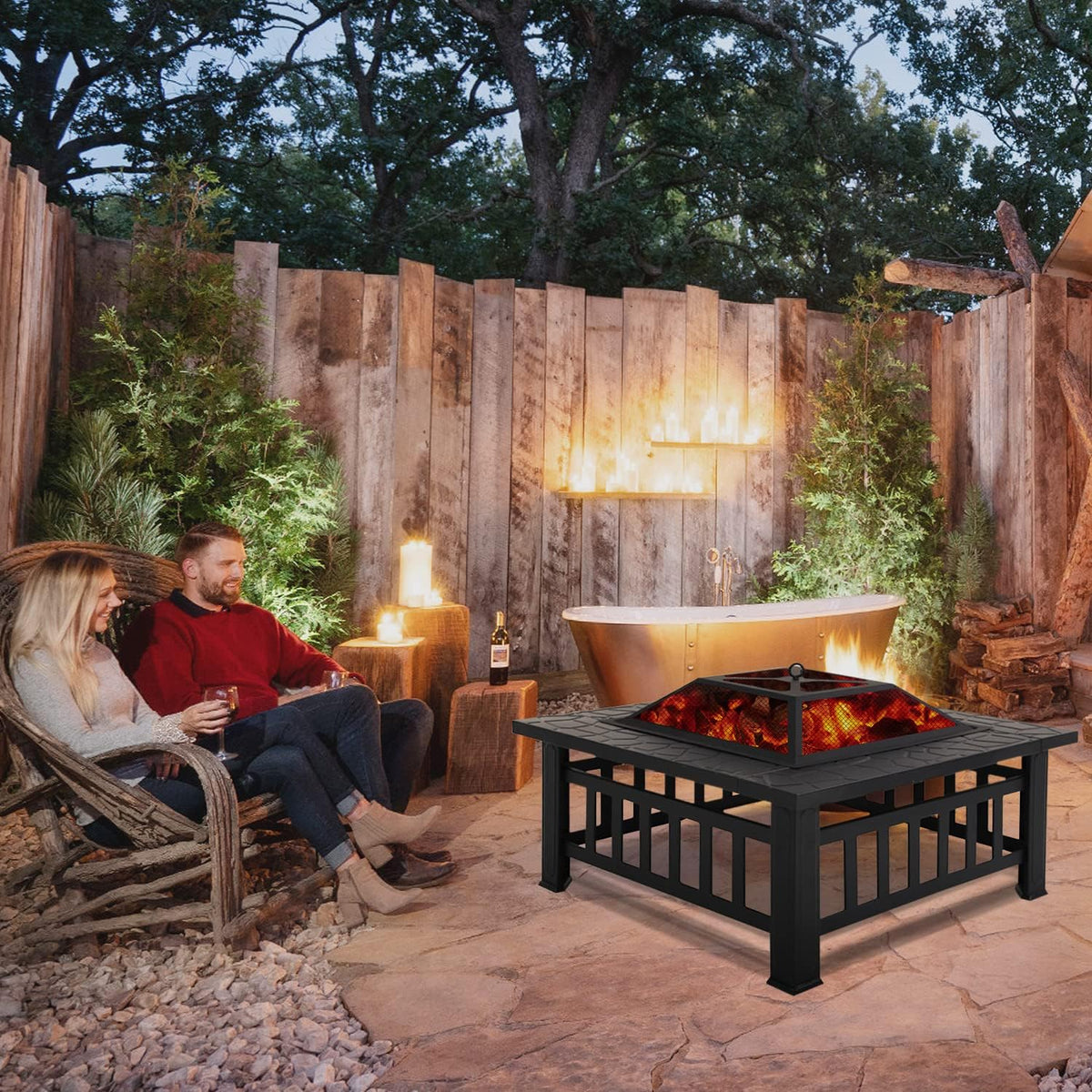 32 Fire Pit Table Wood Burning with Spark Screen Fire Poker Black F6411