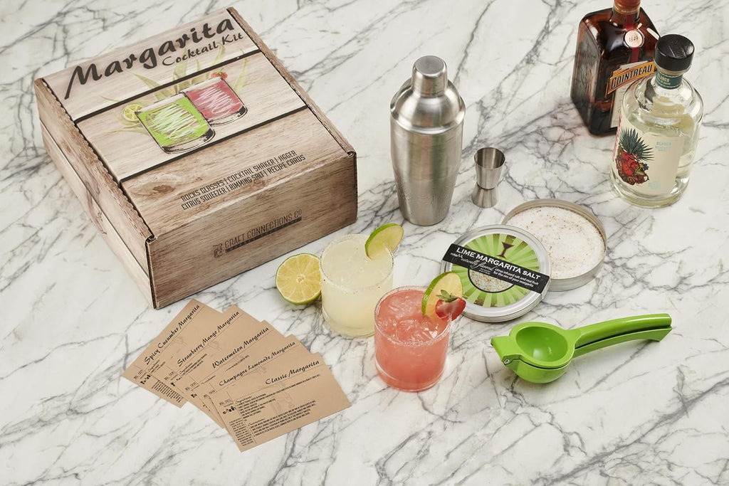 Set of Rocks Glasses, Stainless Cocktail Shaker & Jigger, Citrus Squeezer, Margarita Salt, Recipe Cards L39761