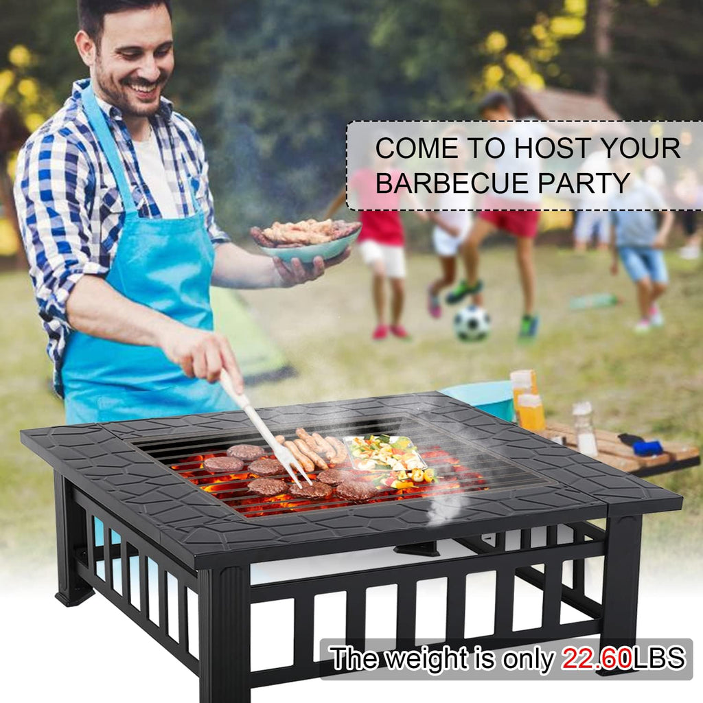 32 Fire Pit Table Wood Burning with Spark Screen Fire Poker Black F6411