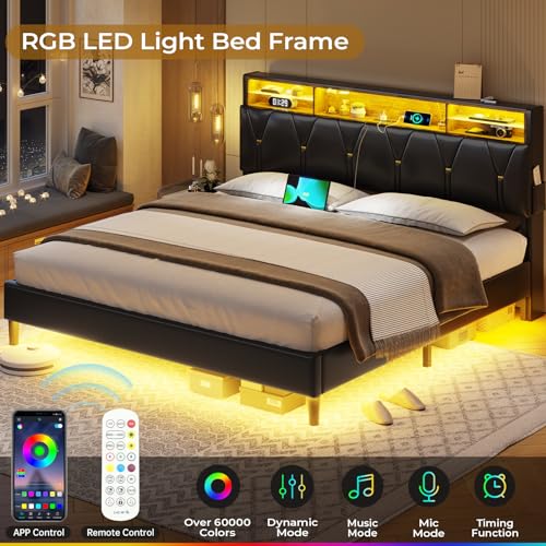 Creamy White Velvet Upholstered Full Size Bed Frame with Headboard Storage and LED Lights G2144