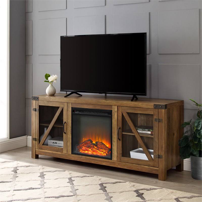 58x22 Glass Barn Door Fireplace TV Stand I844