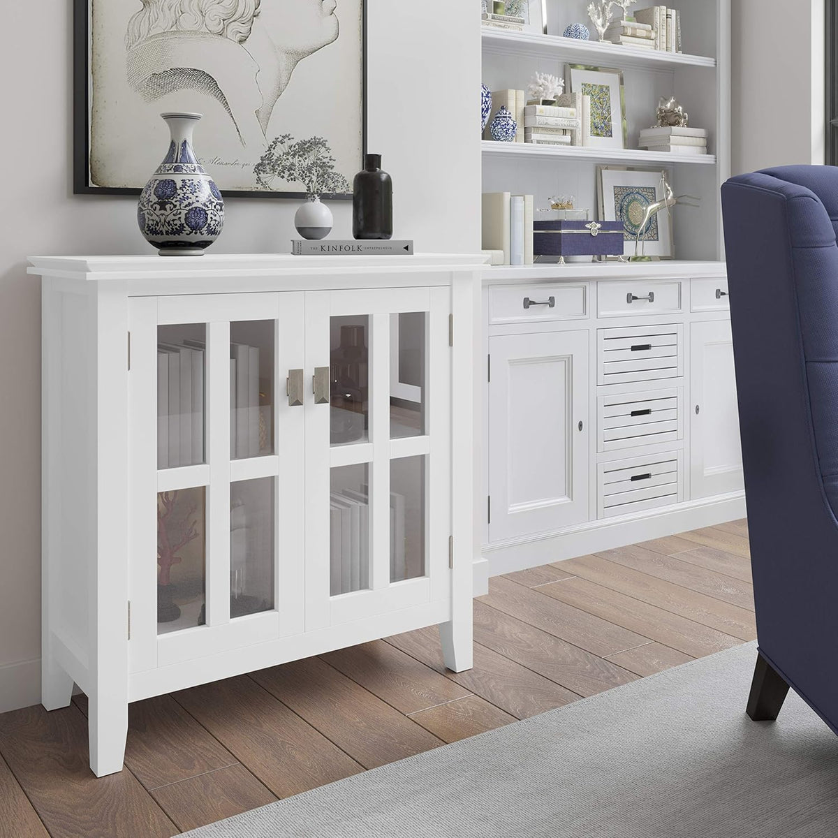 White 30 inch Low Storage Cabinet with 2 Glass Doors Y671