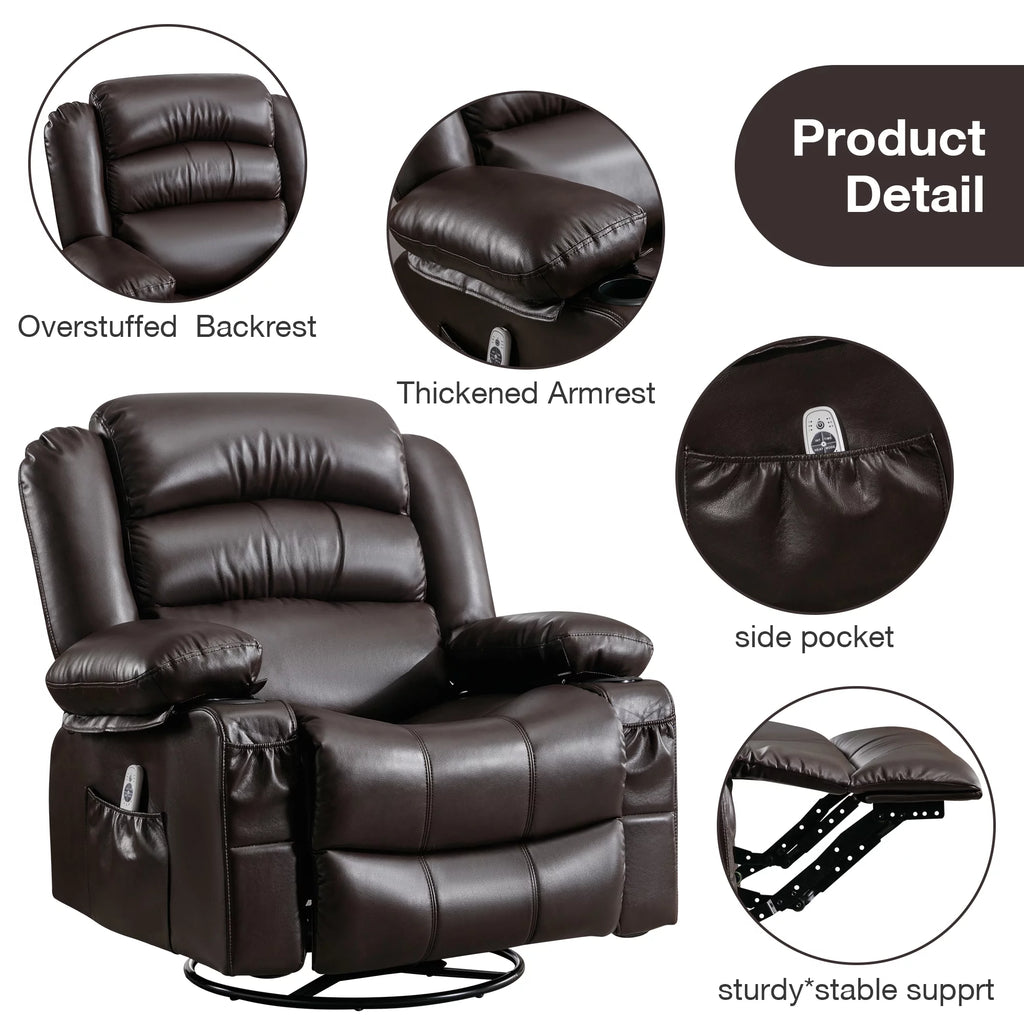 Brown Ergonomic Swivel Rocker Recliner Chair with Vibration Massage and Heat L81480