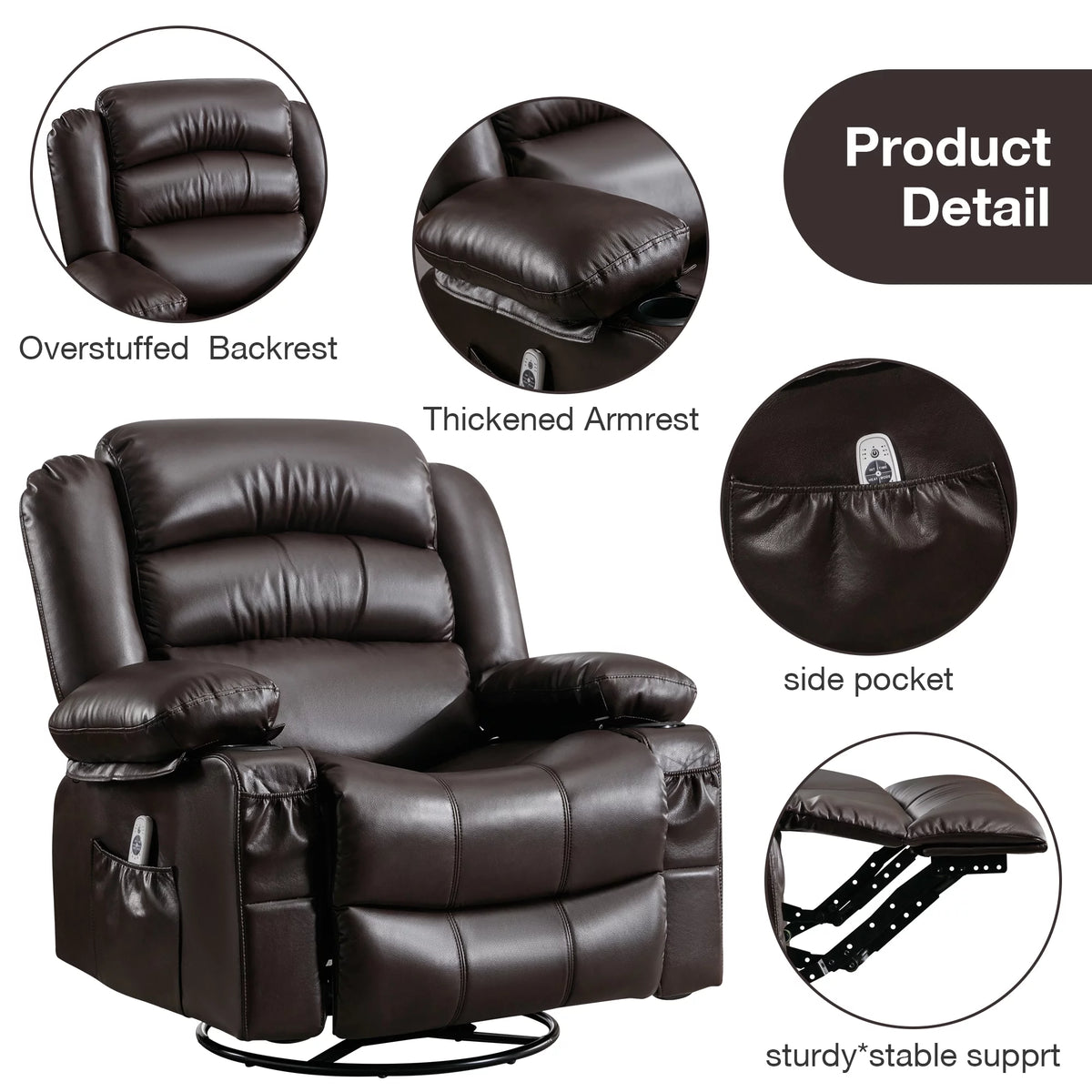Brown Ergonomic Swivel Rocker Recliner Chair with Vibration Massage and Heat L81480