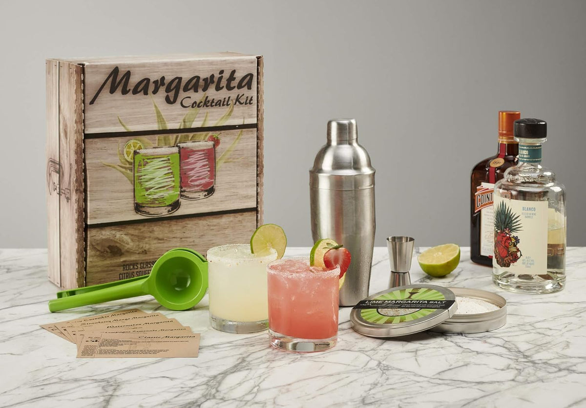 Set of Rocks Glasses, Stainless Cocktail Shaker & Jigger, Citrus Squeezer, Margarita Salt, Recipe Cards L39761