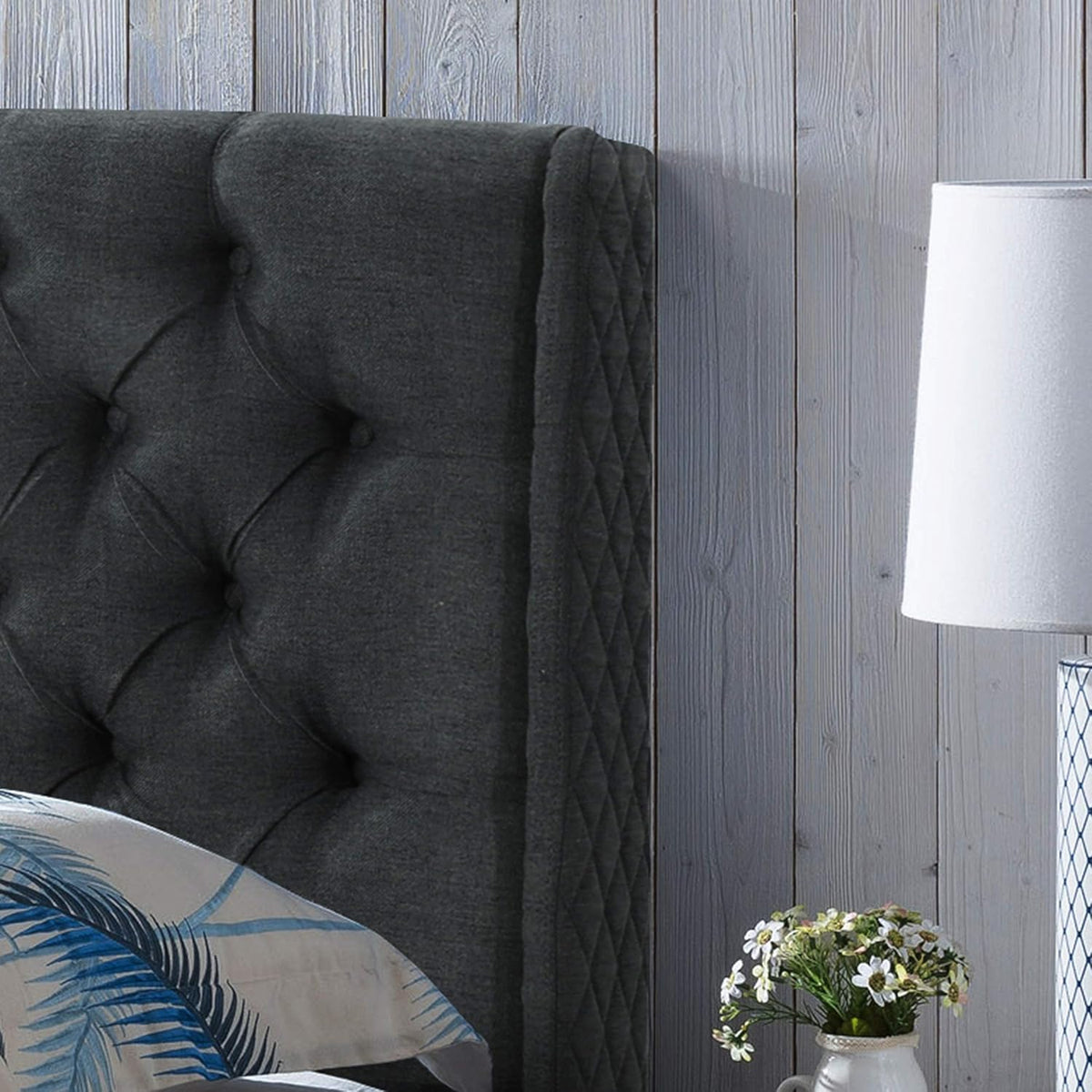 Queen Dark Gray Black Tufted Fabric Headboard B7169