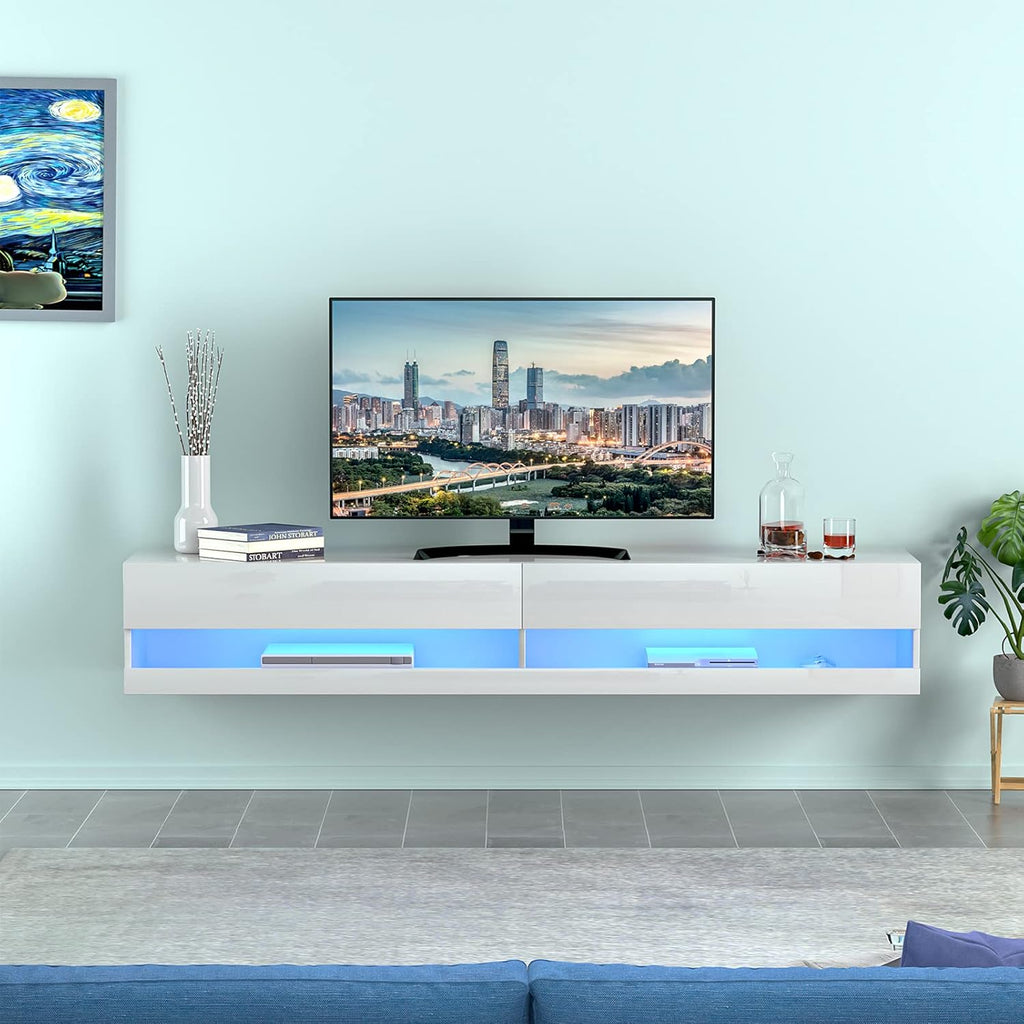 71 Inch High Glossy Wall Mounted Floating TV Stand with RGB LED Light W8296