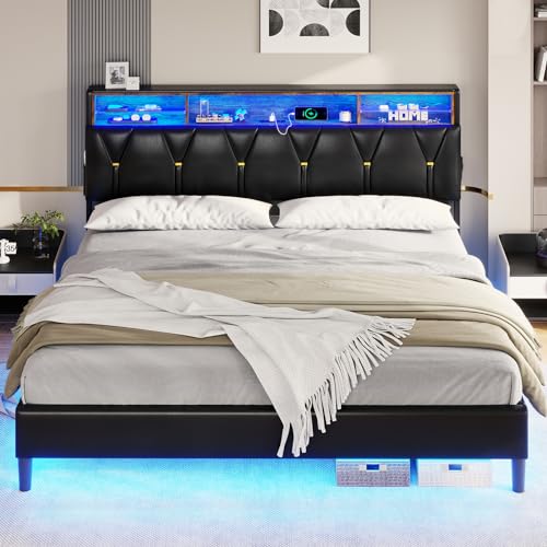 Creamy White Velvet Upholstered Full Size Bed Frame with Headboard Storage and LED Lights G2144