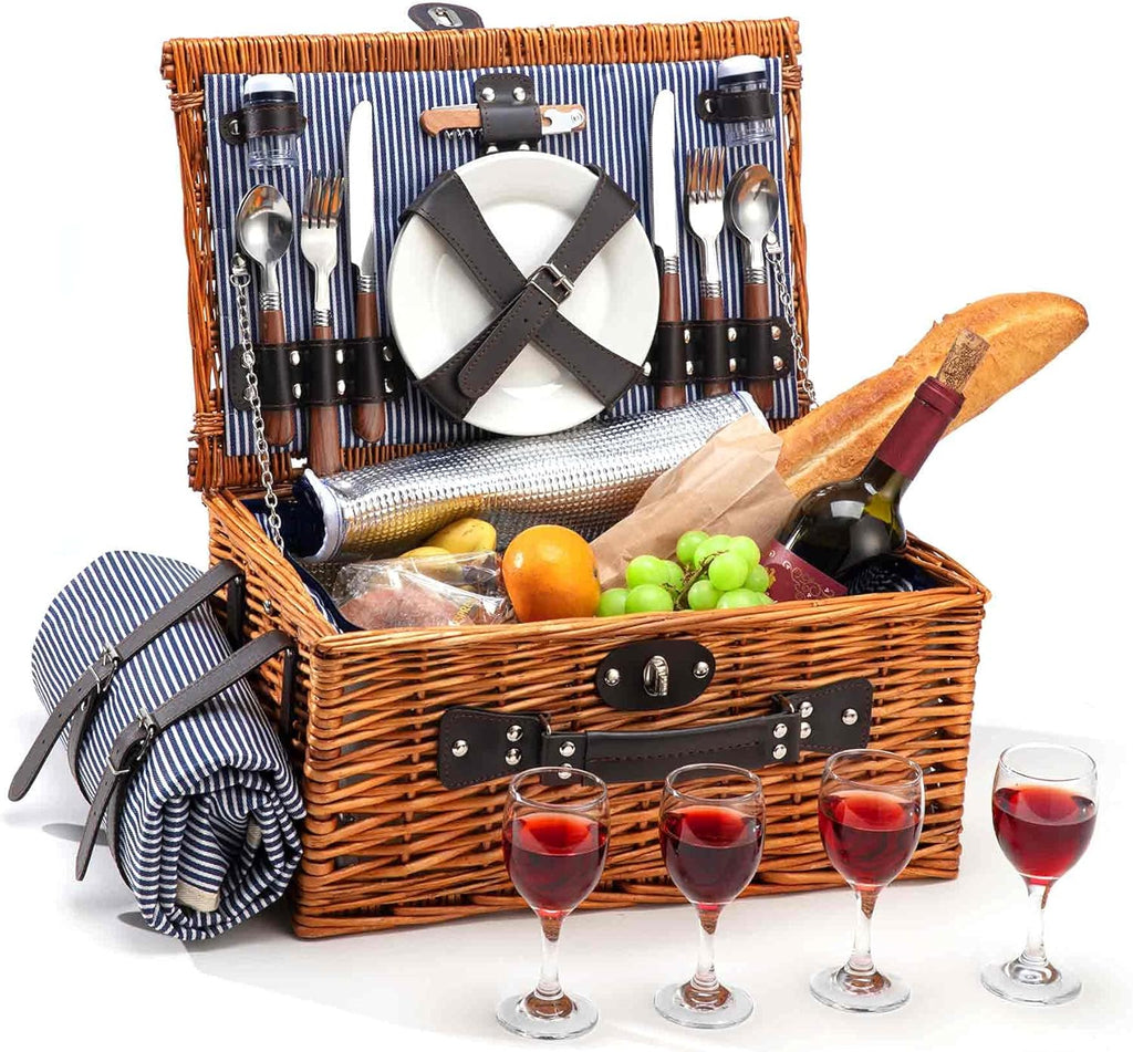 4 Person Wicker Picnic Basket Set with Insulated Cooler Bag and Picnic Blanket C86096