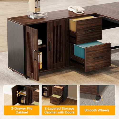 63-Inch L-Shaped Executive Desk with Mobile File Cabinet, Drawers and Storage Shelves, Dark Walnut & Black H544