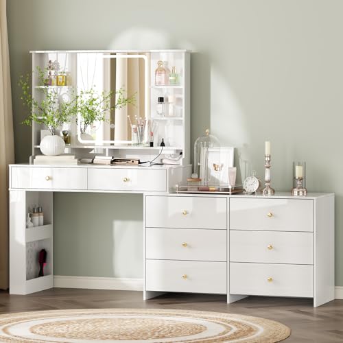 White 8 Drawer Vanity Desk with Mirror and Lights A19085