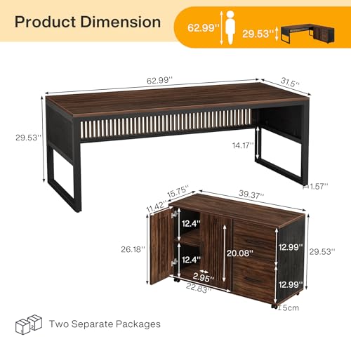 63-Inch L-Shaped Executive Desk with Mobile File Cabinet, Drawers and Storage Shelves, Dark Walnut & Black H544
