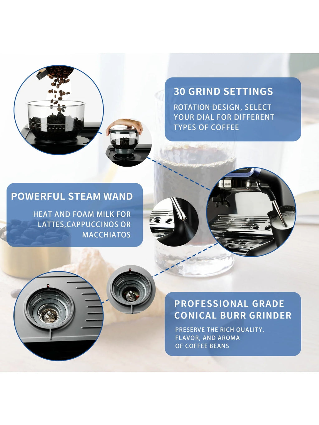 All in One Espresso Machine with Coffee Grinder and Milk Steam Wand O21796