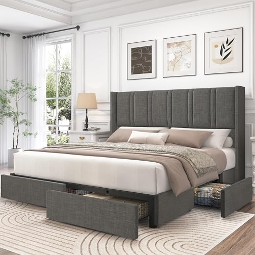 King Size Linen Upholstered Platform Bed Frame with 4 Storage Drawers and Wingback Headboard Q678
