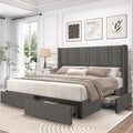 King Size Linen Upholstered Platform Bed Frame with 4 Storage Drawers and Wingback Headboard Q678