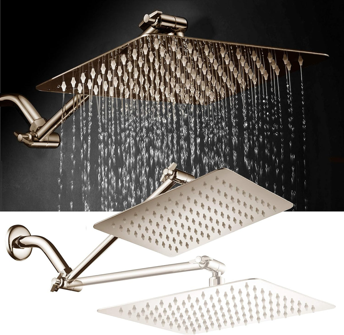 Brushed Nickel Stainless Steel Rainfall Square Showerhead with Brass Extension Arm, Pack of 2 W662