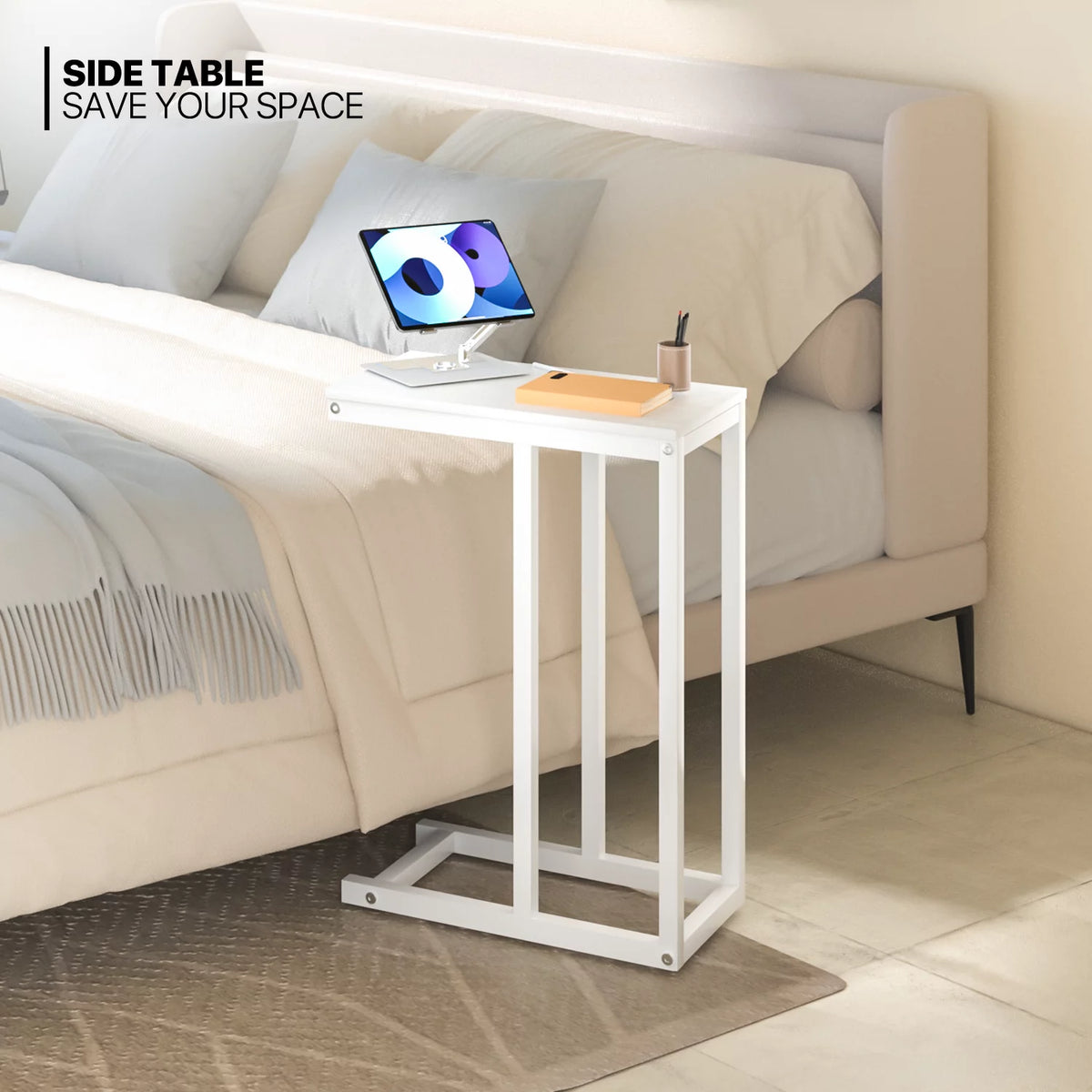 C-Shape Rectangle Side Table with Metal Frame, White A795130