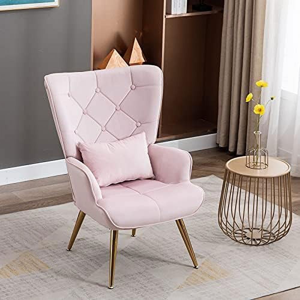 Velvet Buttoned Accent Arm Lounge Chair with Golden Plated Metal Legs & Pillow High Wingback Chair T9082
