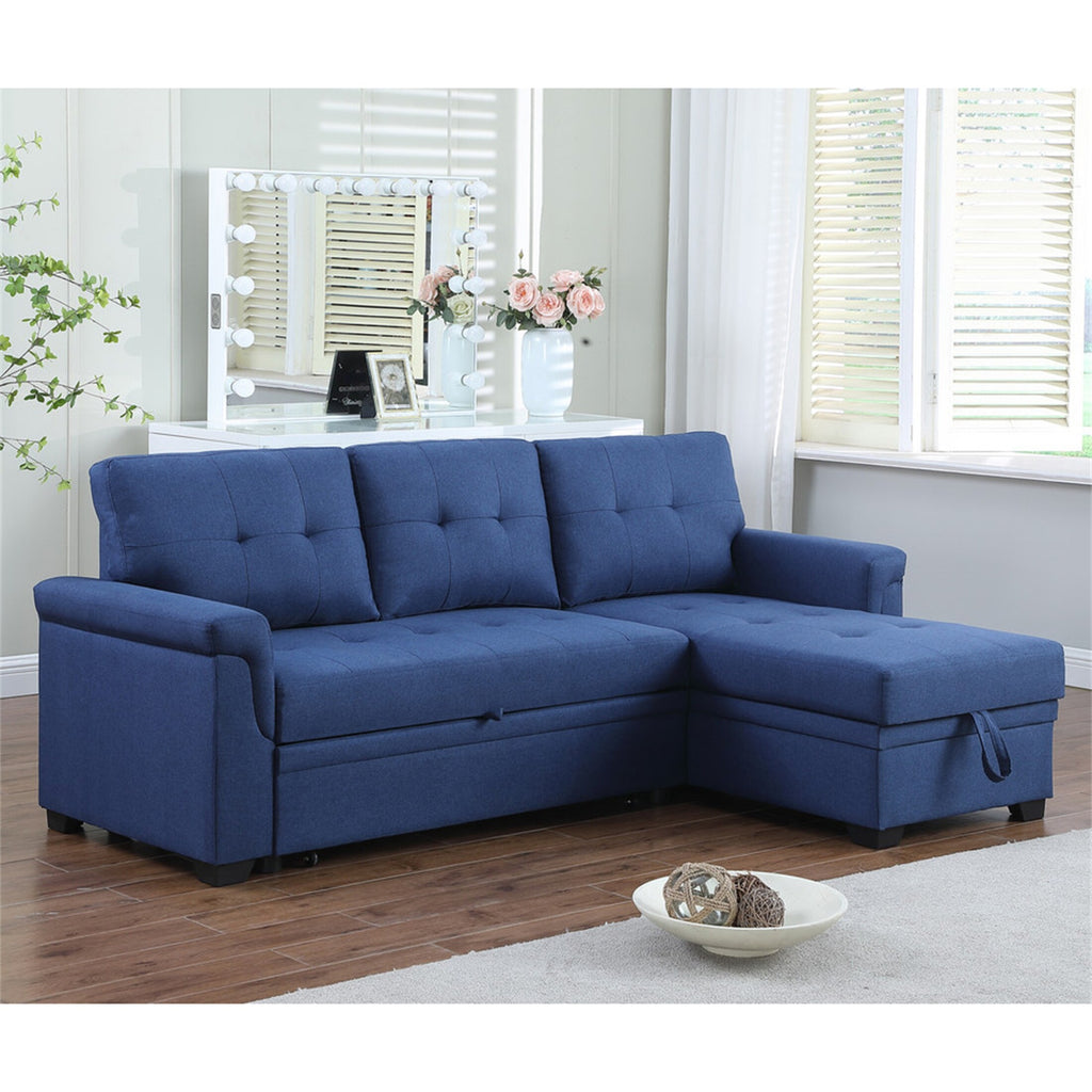 Blue Linen Reversible Sleeper Sectional Sofa with Storage Chaise A3635