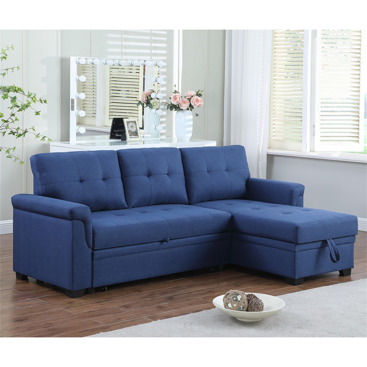 Blue Linen Reversible Sleeper Sectional Sofa with Storage Chaise A3635