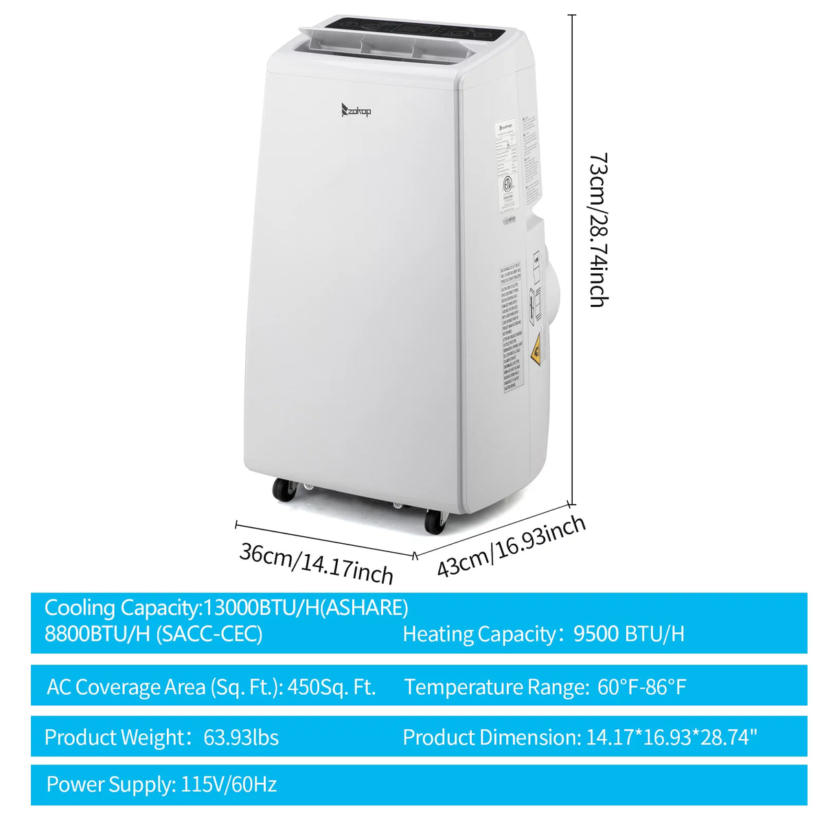 13000BTU Portable Air Conditioner Cooling Heating Dehumidification Fan W7536