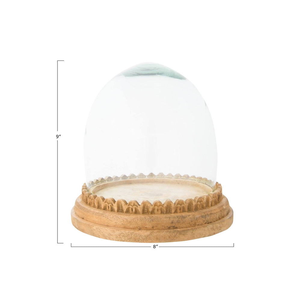 Recycled Glass Cloche on Hand-Carved Mango Wood Base, Set of 2 Pieces Z8572