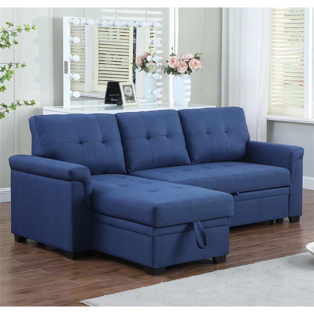 Blue Linen Reversible Sleeper Sectional Sofa with Storage Chaise A3635