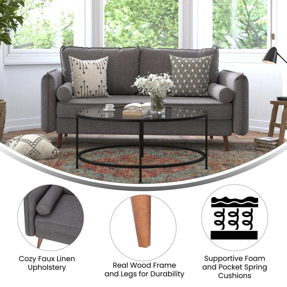 Compact Faux Linen Upholstered Sofa with Wooden Legs Stone Gray U764